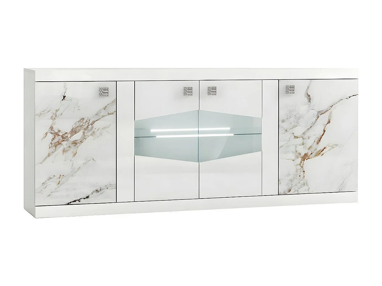 Buffet 4 portes avec leds et portes centrales vitrées laqué blanc et imitation marbre - ETOLIS