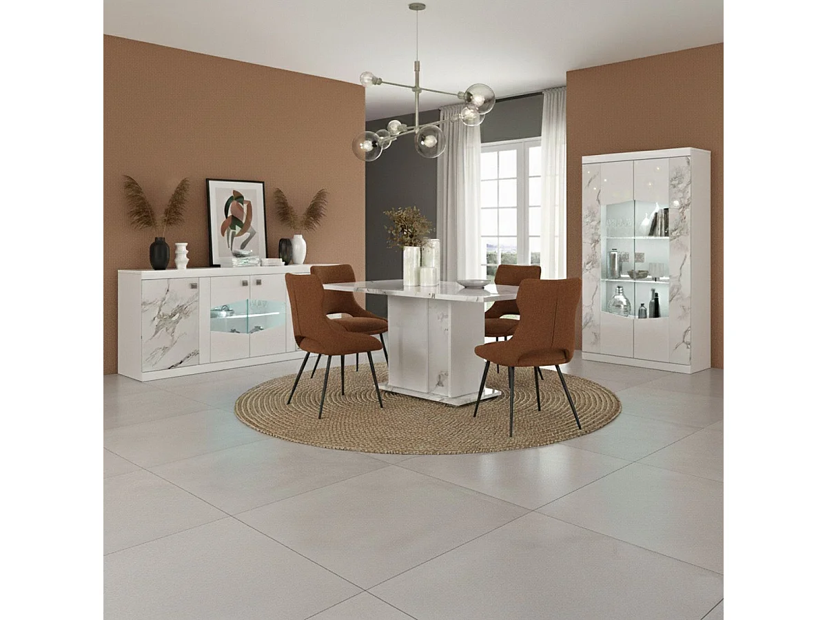 Buffet 4 portes avec leds et portes centrales vitrées laqué blanc et imitation marbre - ETOLIS