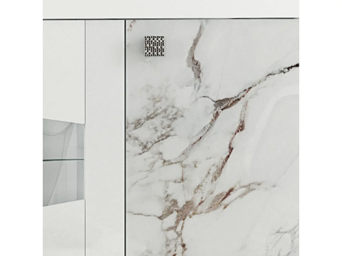 Buffet 4 portes avec leds et portes centrales vitrées laqué blanc et imitation marbre - ETOLIS