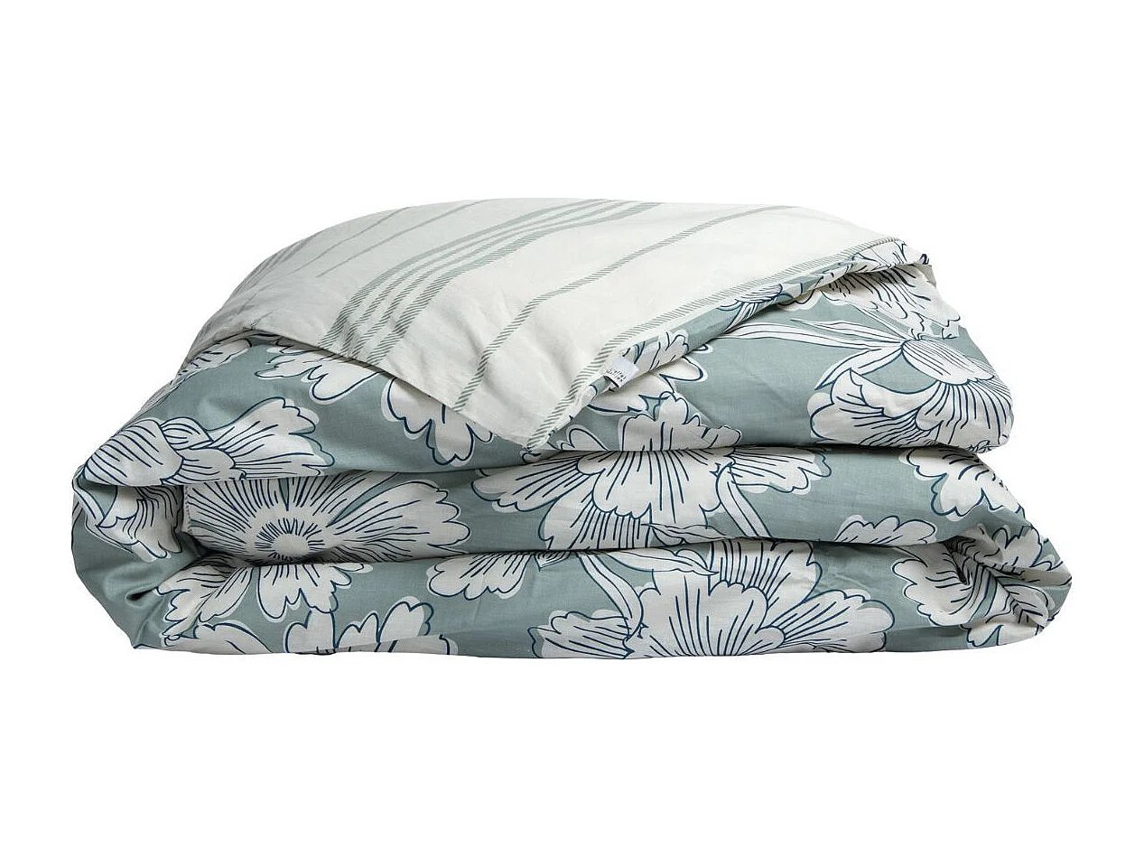 Housse de Couette 140x200cm coton imprimé recto floral verso rayé vert sauge et blanc - TAMIA