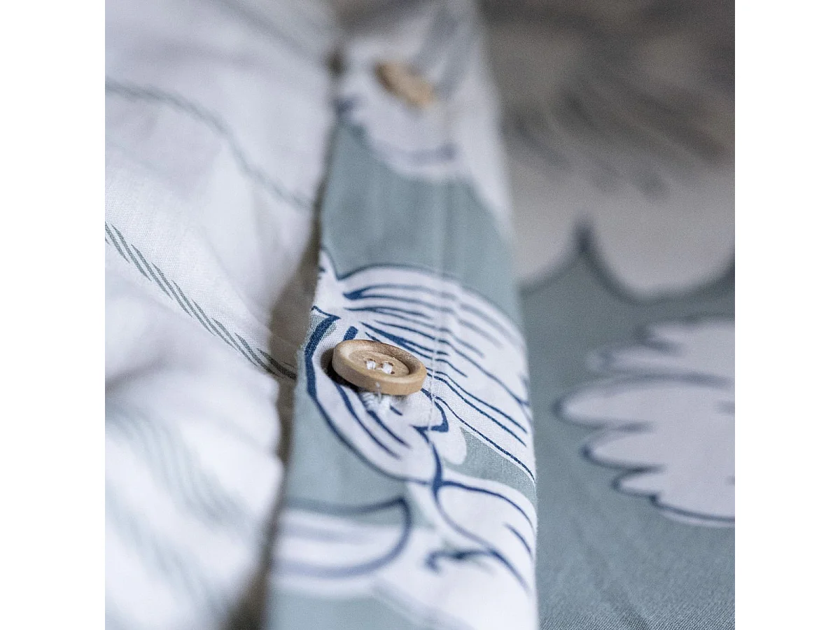 Housse de Couette 140x200cm coton imprimé recto floral verso rayé vert sauge et blanc - TAMIA