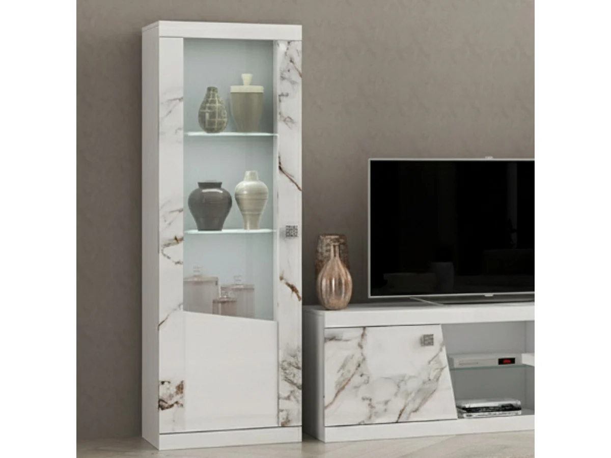 Vitrine gauche 1 porte avec leds laqué blanc et imitation marbre - ETOLIS