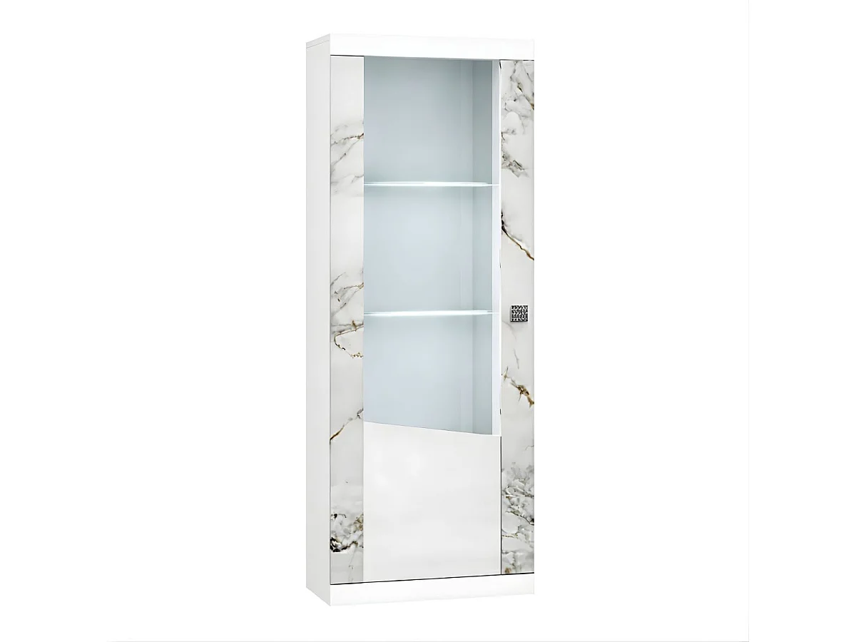 Vitrine gauche 1 porte avec leds laqué blanc et imitation marbre - ETOLIS