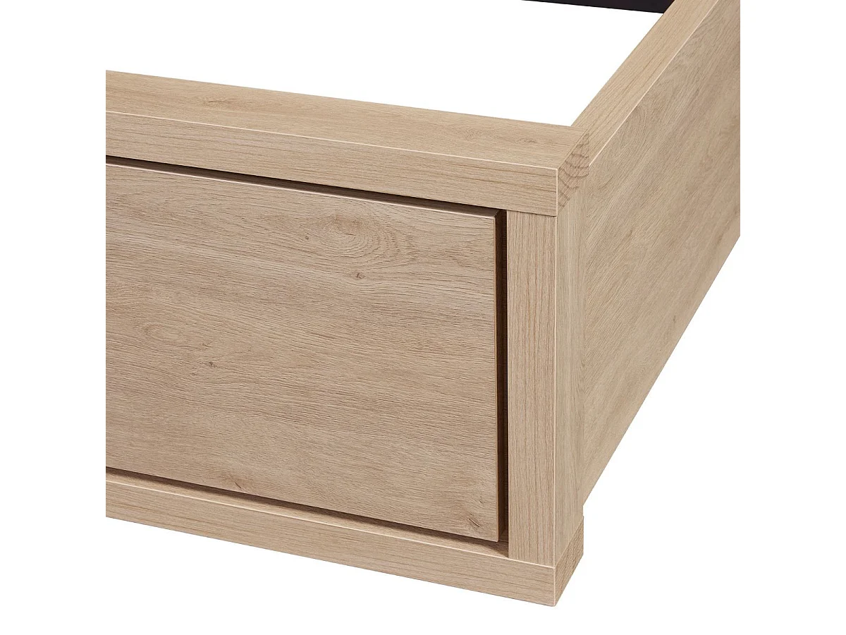 Lit 140x190cm avec tête de lit chevets suspendus et éclairage intégré aspect bois et noir - LUDY