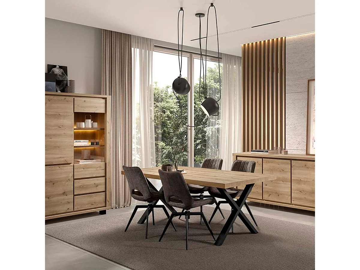 Ensemble séjour complet table repas 230cm piètement X + buffet + argentier aspect bois finition Hudson Oak - URIDSON