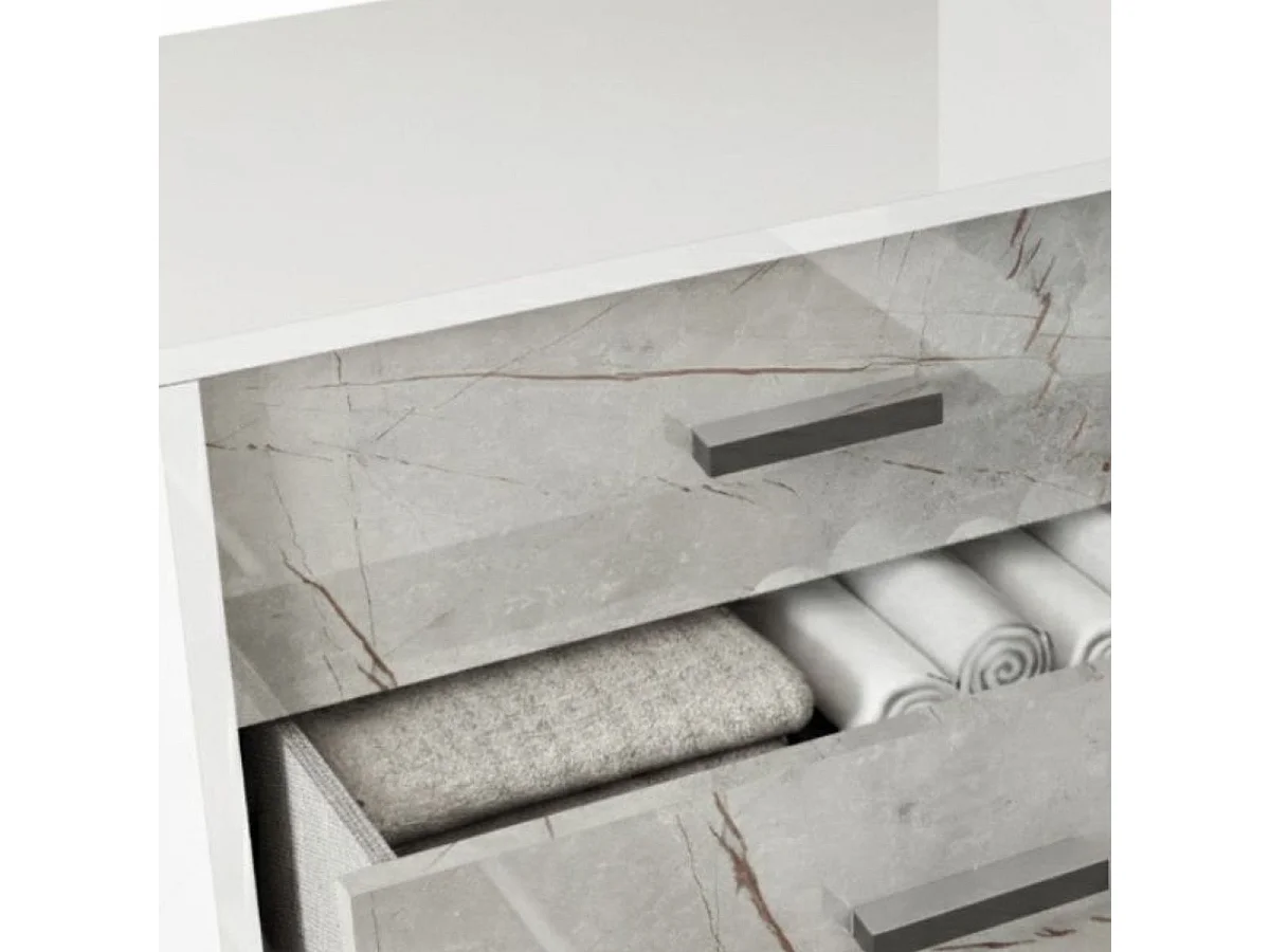 Commode 3 tiroirs laqué blanc et imitation marbre - GENESIS