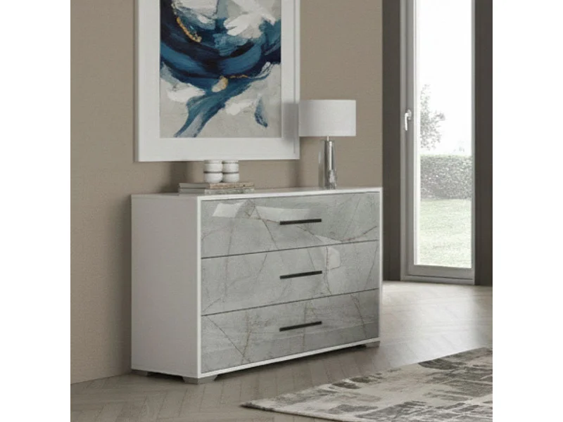 Commode 3 tiroirs laqué blanc et imitation marbre - GENESIS