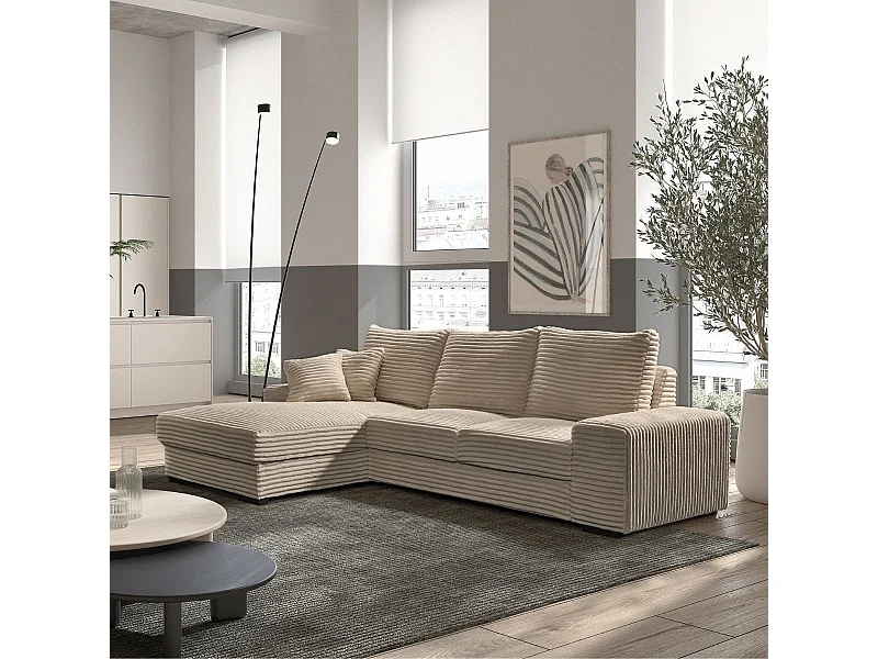 Canapé d'angle gauche convertible en tissu velours côtelé taupe avec 2 coussins - ELKO