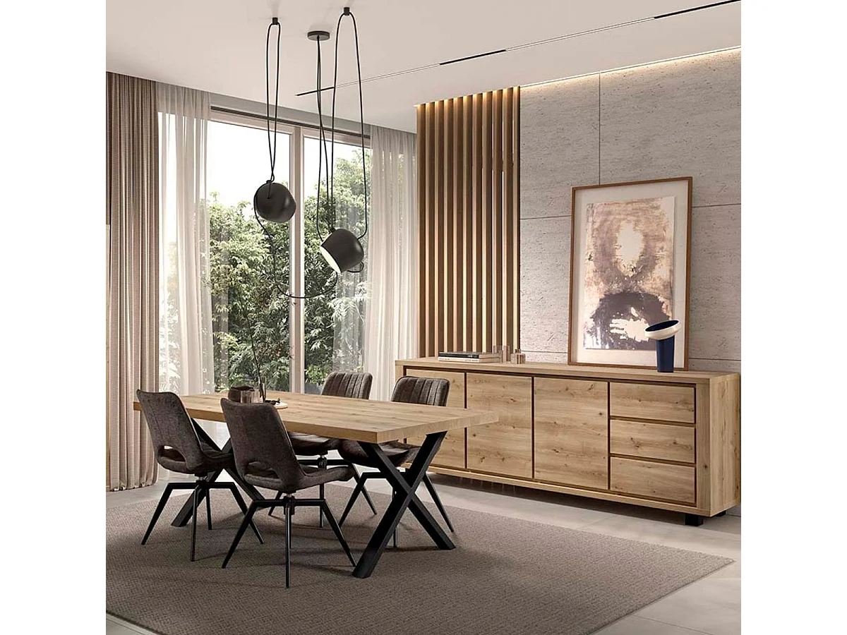 Ensemble séjour table repas 230cm piètement X + buffet aspect bois finition Hudson Oak - URIDSON