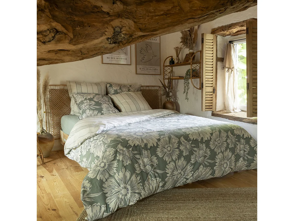 Housse de Couette 240x220cm coton imprimé recto floral verso rayé vert sauge et blanc - TAMIA
