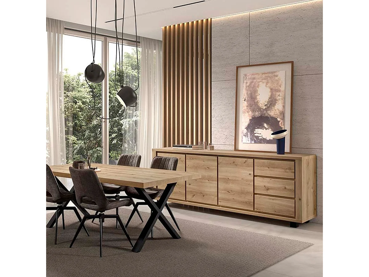 Ensemble séjour table repas 170cm piètement X + buffet aspect bois finition Hudson Oak - URIDSON