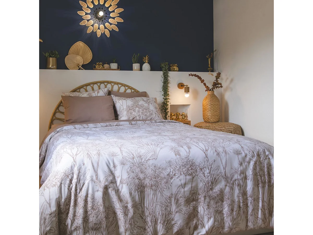 Housse de Couette 200x200cm coton imprimé feuillage blanc et sable - JAVEN