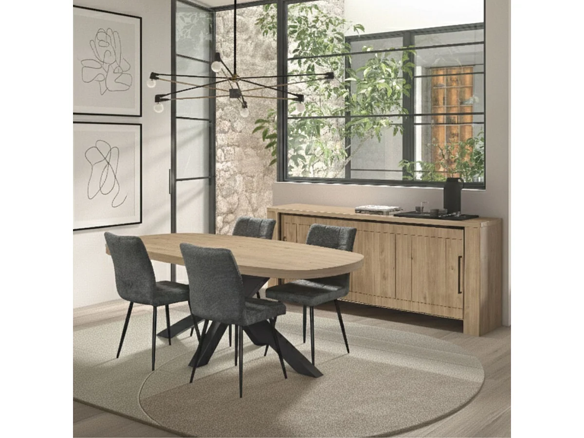Ensemble séjour table repas ovale pied étoile + buffet aspect bois finition Castel Oak - SORIEL