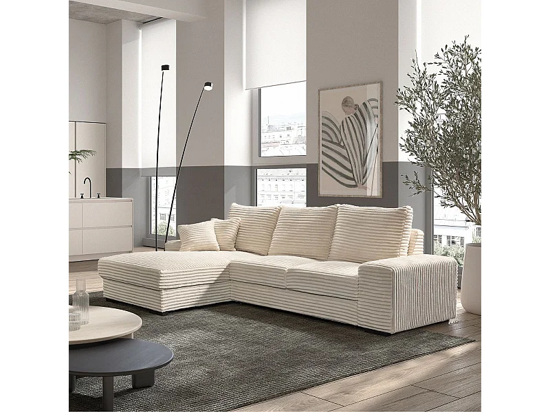 Canapé d'angle gauche convertible en tissu velours côtelé crème avec 2 coussins - ELKO