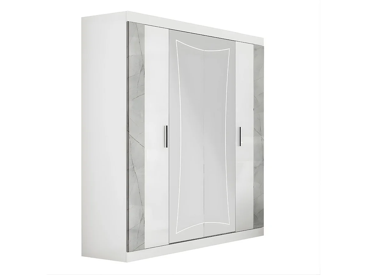 Armoire 4 portes avec 2 portes miroir centrales laqué blanc et imitation marbre - GENESIS