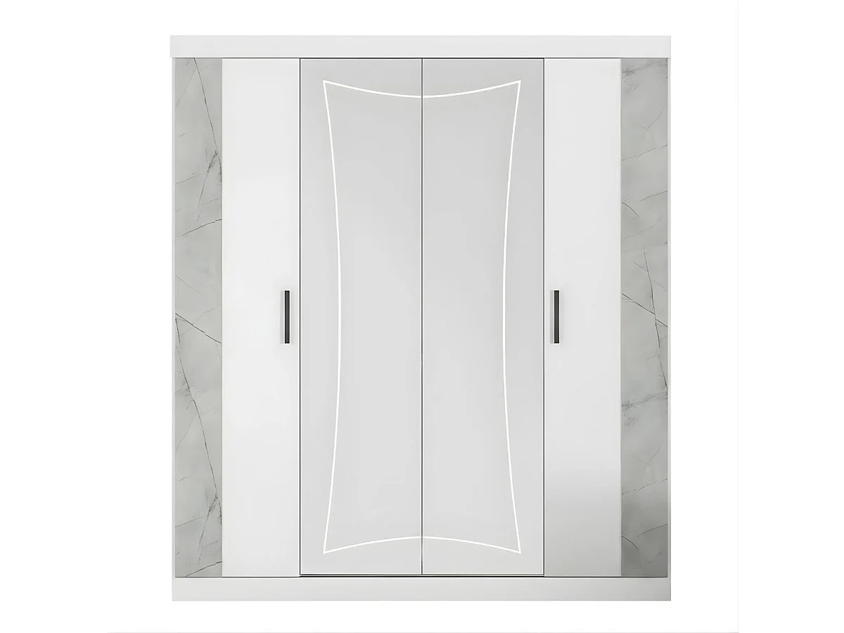 Armoire 4 portes avec 2 portes miroir centrales laqué blanc et imitation marbre - GENESIS
