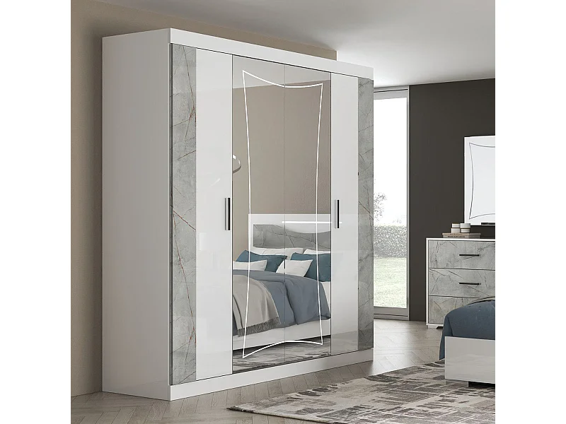Armoire 4 portes avec 2 portes miroir centrales laqué blanc et imitation marbre - GENESIS