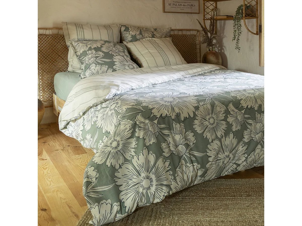 Taie d'oreiller 50x70cm coton imprimé recto floral verso rayé vert sauge et blanc - TAMIA
