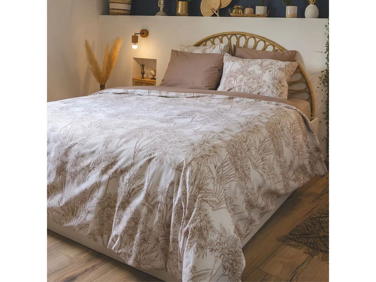 Taie d'oreiller 63x63cm coton coton imprimé feuillage blanc et sable - JAVEN