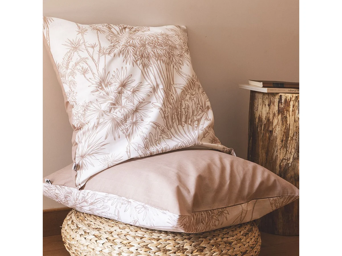 Taie d'oreiller 63x63cm coton coton imprimé feuillage blanc et sable - JAVEN