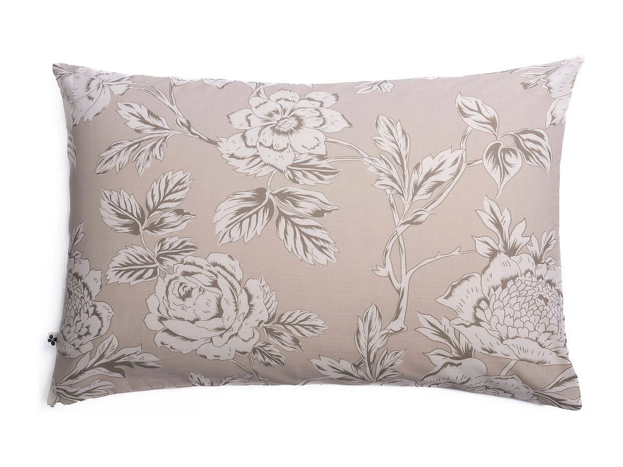 Taie d'oreiller 50x70cm coton imprimé recto floral verso rayé beige - COTTAGE