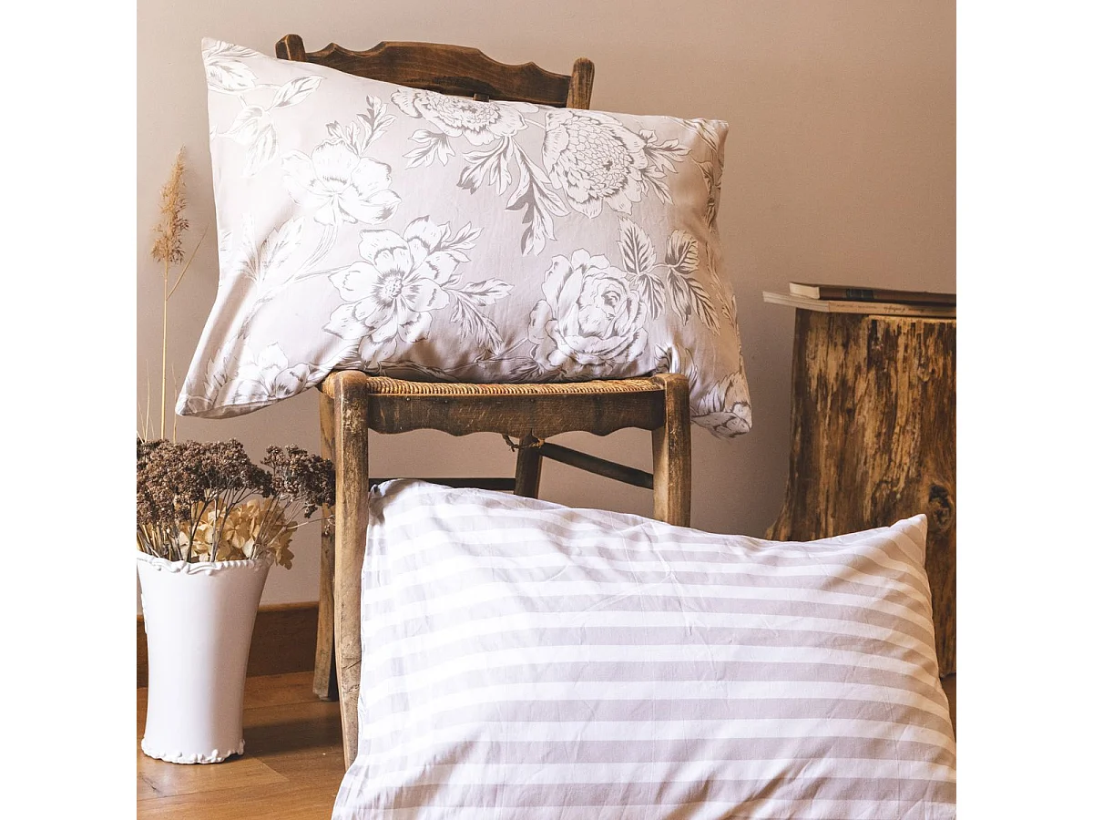 Taie d'oreiller 50x70cm coton imprimé recto floral verso rayé beige - COTTAGE