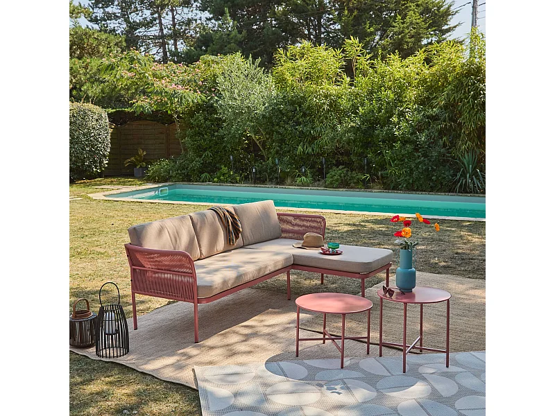 Salotto da giardino angolare in acciaio e corde, 4 posti, beige