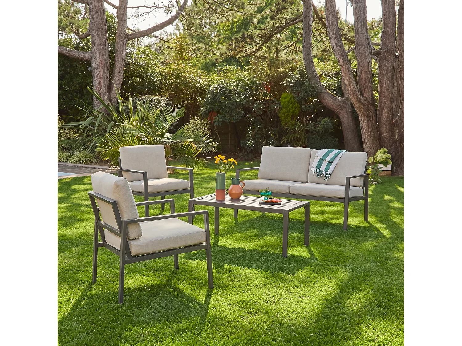 Salotto da giardino in alluminio, 4 posti, verde kaki