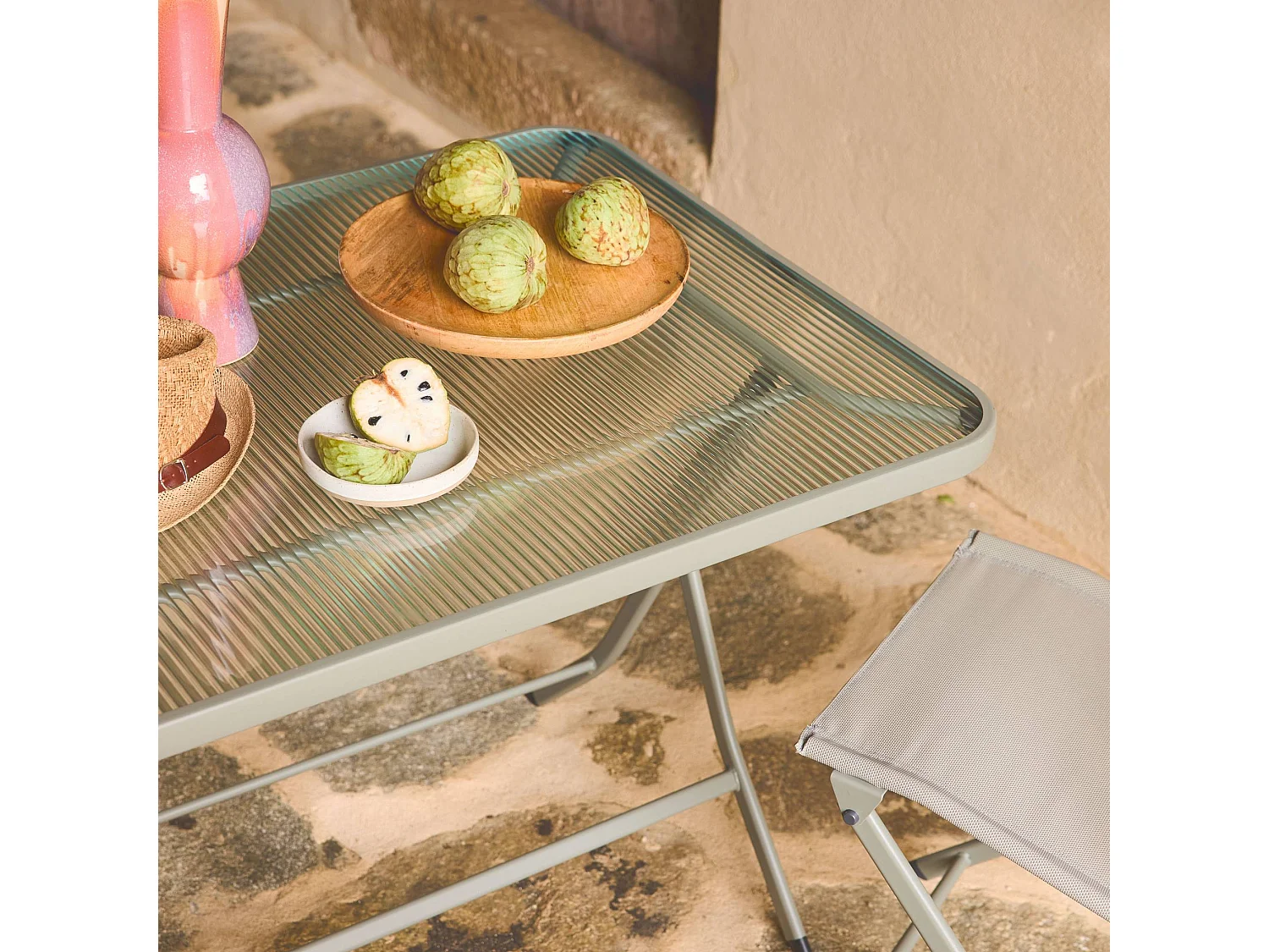 Set tavolo da giardino pieghevole in acciaio con 4 sedie, verde kaki