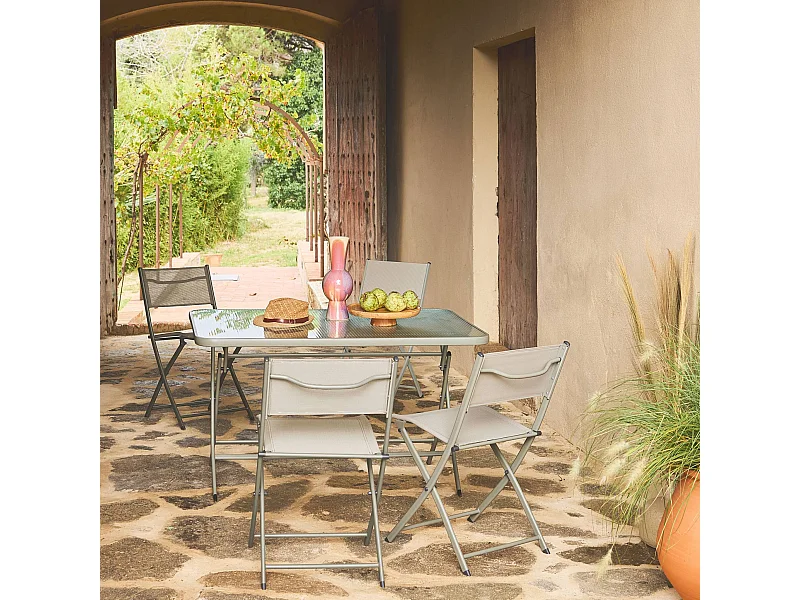 Set tavolo da giardino pieghevole in acciaio con 4 sedie, verde kaki