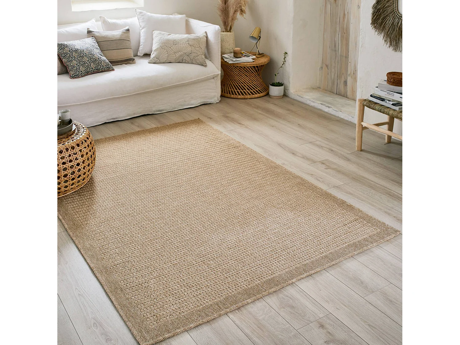 Tapis intérieur/extérieur rectangulaire effet toile de jute beige 160 x 230 cm - Finch