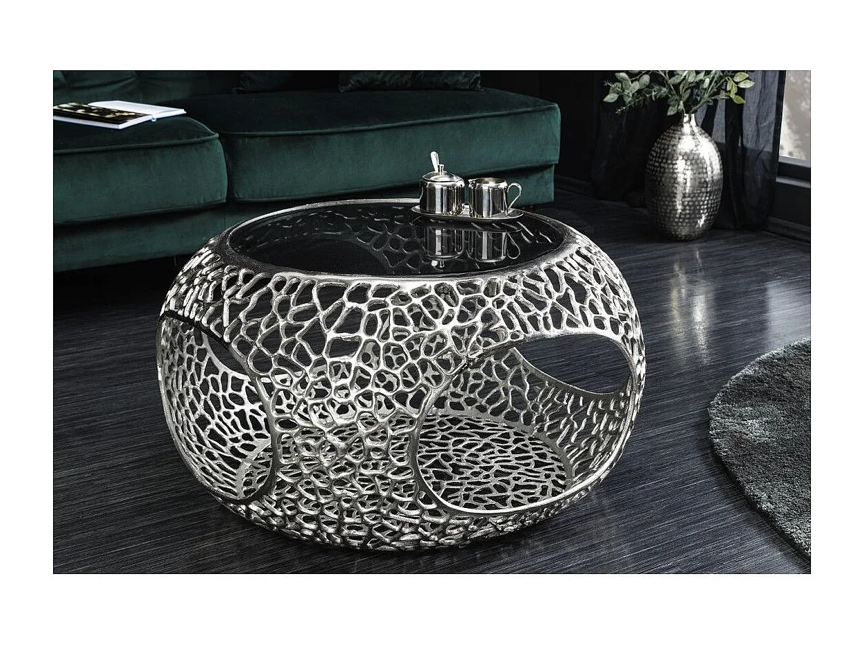 Table basse METRIX ronde 74 cm argentée avec plateau en verre trempé noir – Table basse design avec niches