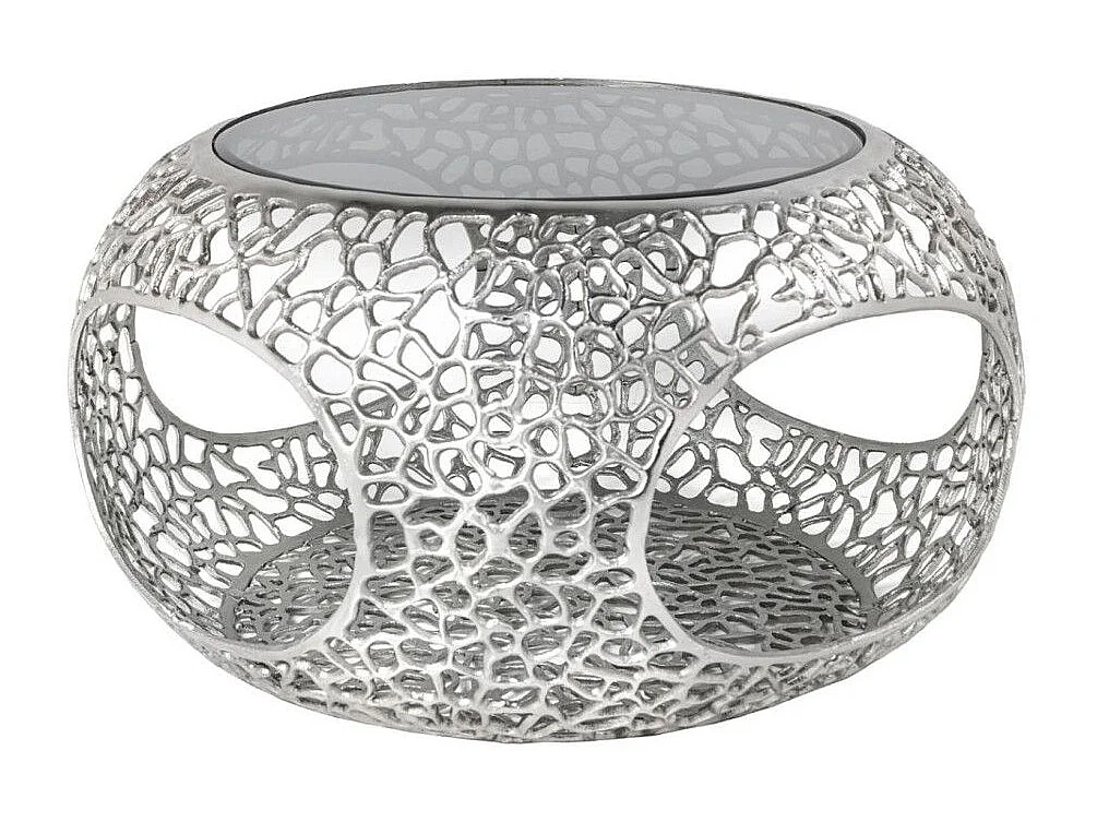 Table basse METRIX ronde 74 cm argentée avec plateau en verre trempé noir – Table basse design avec niches