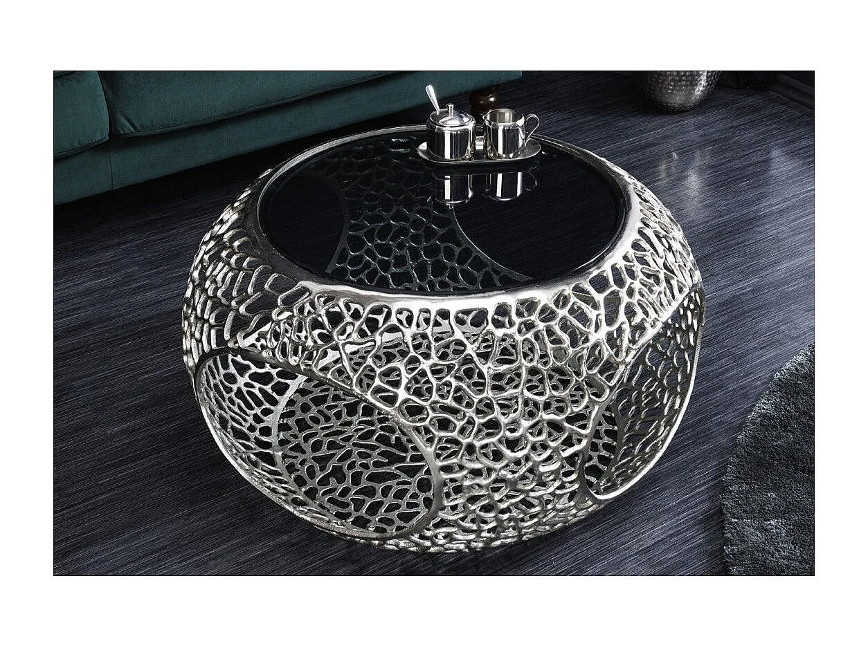 Table basse METRIX ronde 74 cm argentée avec plateau en verre trempé noir – Table basse design avec niches