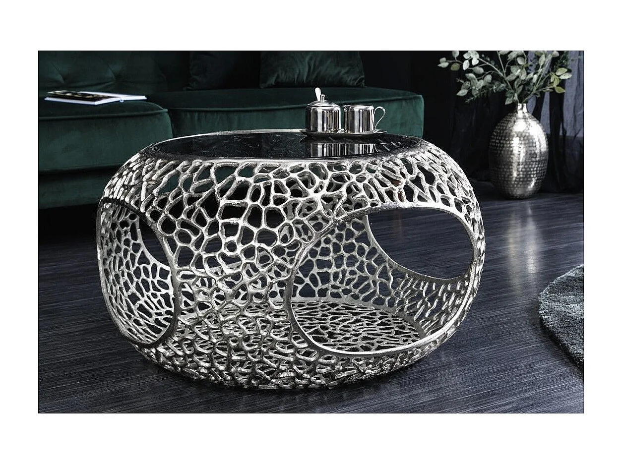 Table basse METRIX ronde 74 cm argentée avec plateau en verre trempé noir – Table basse design avec niches