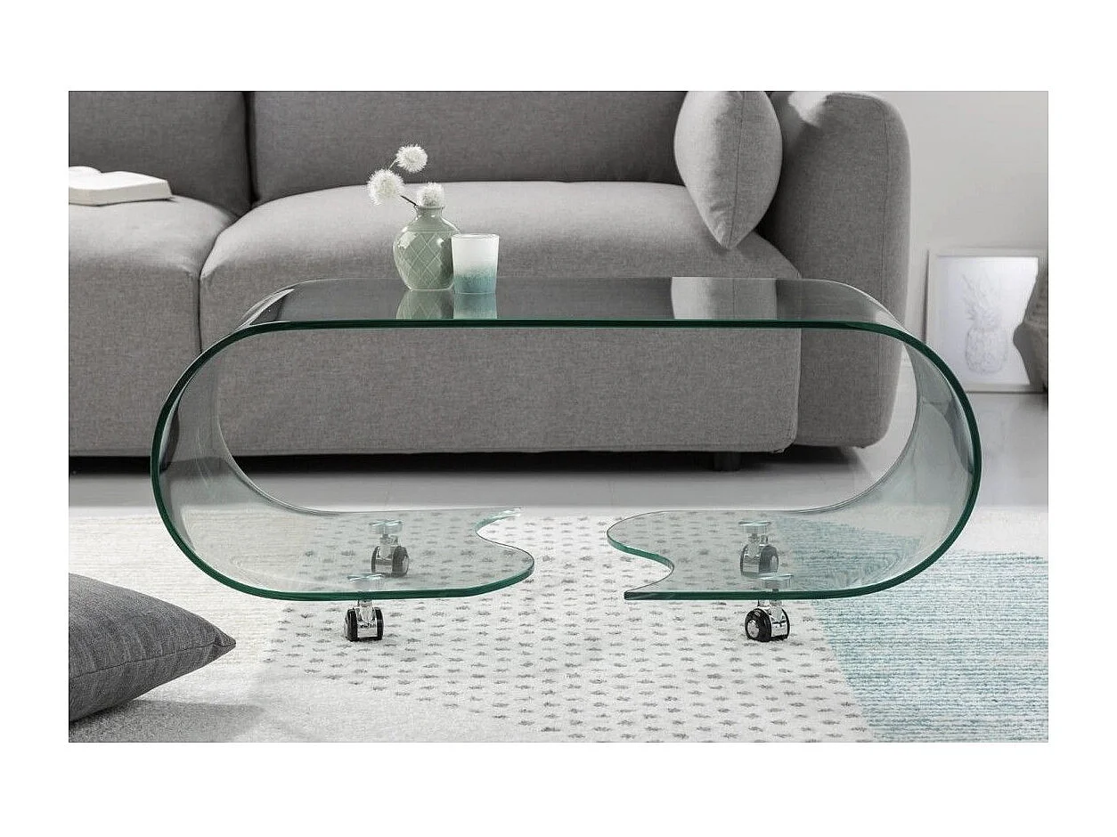 Glas Couchtisch HOLOW mit Rollen – Asymmetrischer Design Couchtisch aus gehärtetem Glas
