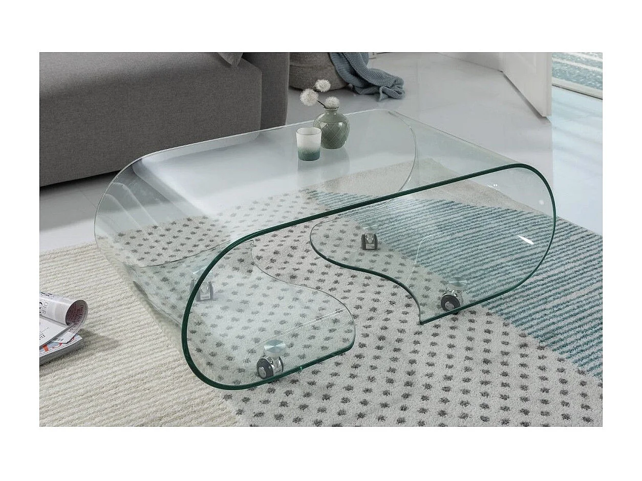 Glas Couchtisch HOLOW mit Rollen – Asymmetrischer Design Couchtisch aus gehärtetem Glas
