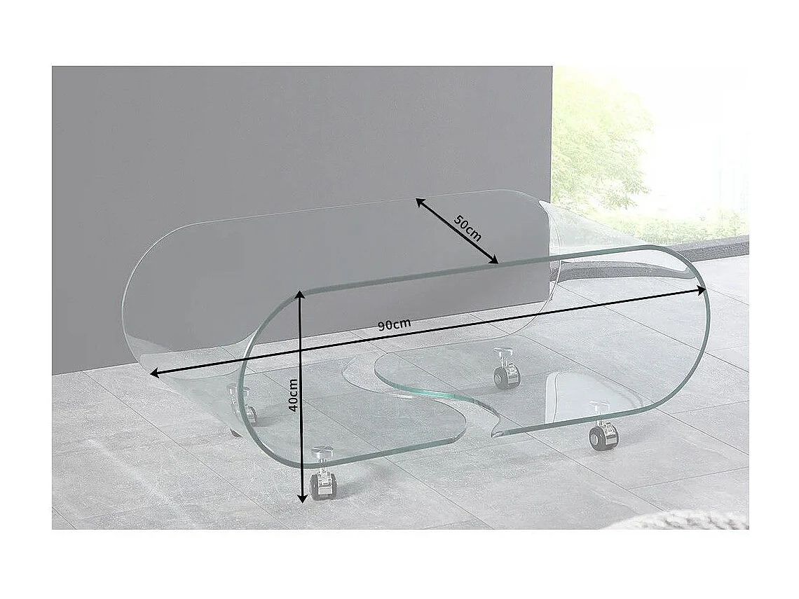 Glas Couchtisch HOLOW mit Rollen – Asymmetrischer Design Couchtisch aus gehärtetem Glas
