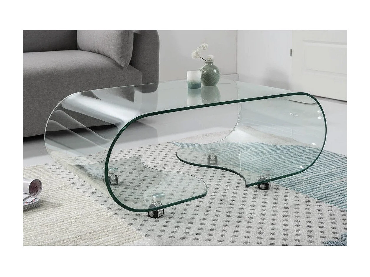 Glas Couchtisch HOLOW mit Rollen – Asymmetrischer Design Couchtisch aus gehärtetem Glas