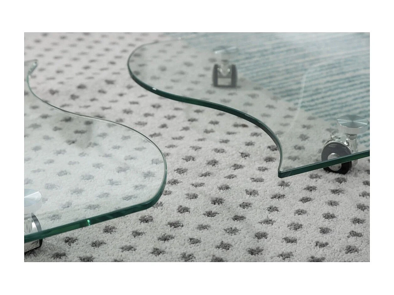 Glas Couchtisch HOLOW mit Rollen – Asymmetrischer Design Couchtisch aus gehärtetem Glas