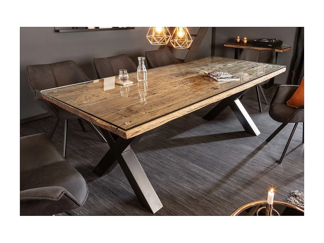 Table RAFTA 220 x 100 cm – Plateau en teck massif avec verre trempé et pieds métal noir en X