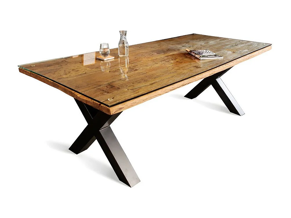 Table RAFTA 220 x 100 cm – Plateau en teck massif avec verre trempé et pieds métal noir en X