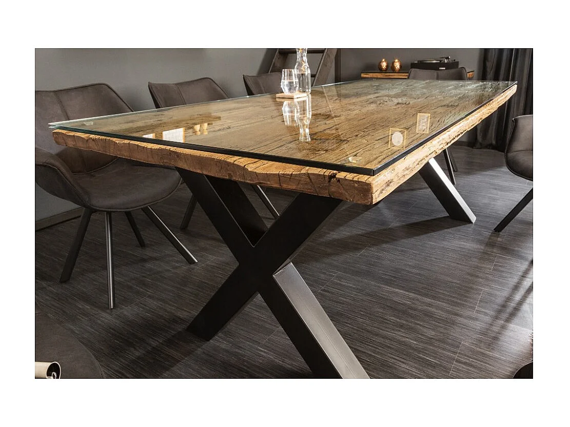Table RAFTA 220 x 100 cm – Plateau en teck massif avec verre trempé et pieds métal noir en X