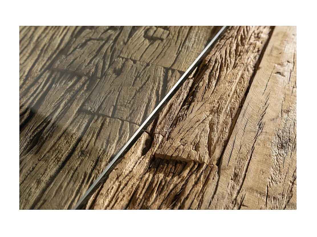 Table RAFTA 220 x 100 cm – Plateau en teck massif avec verre trempé et pieds métal noir en X