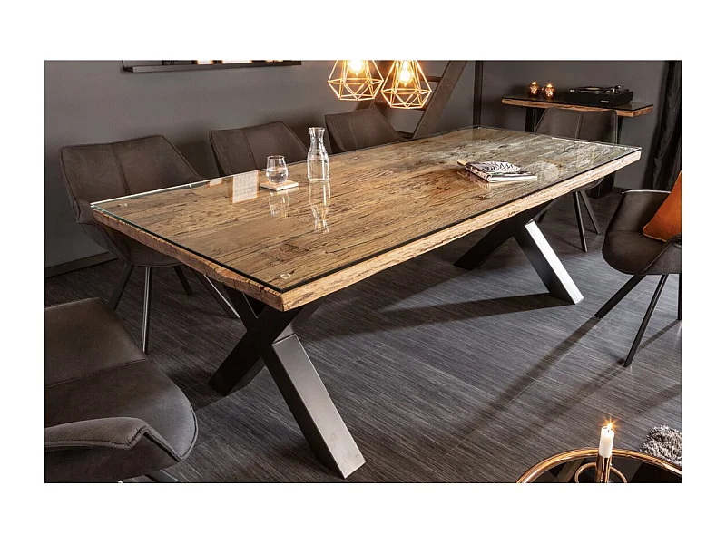 Table RAFTA 220 x 100 cm – Plateau en teck massif avec verre trempé et pieds métal noir en X