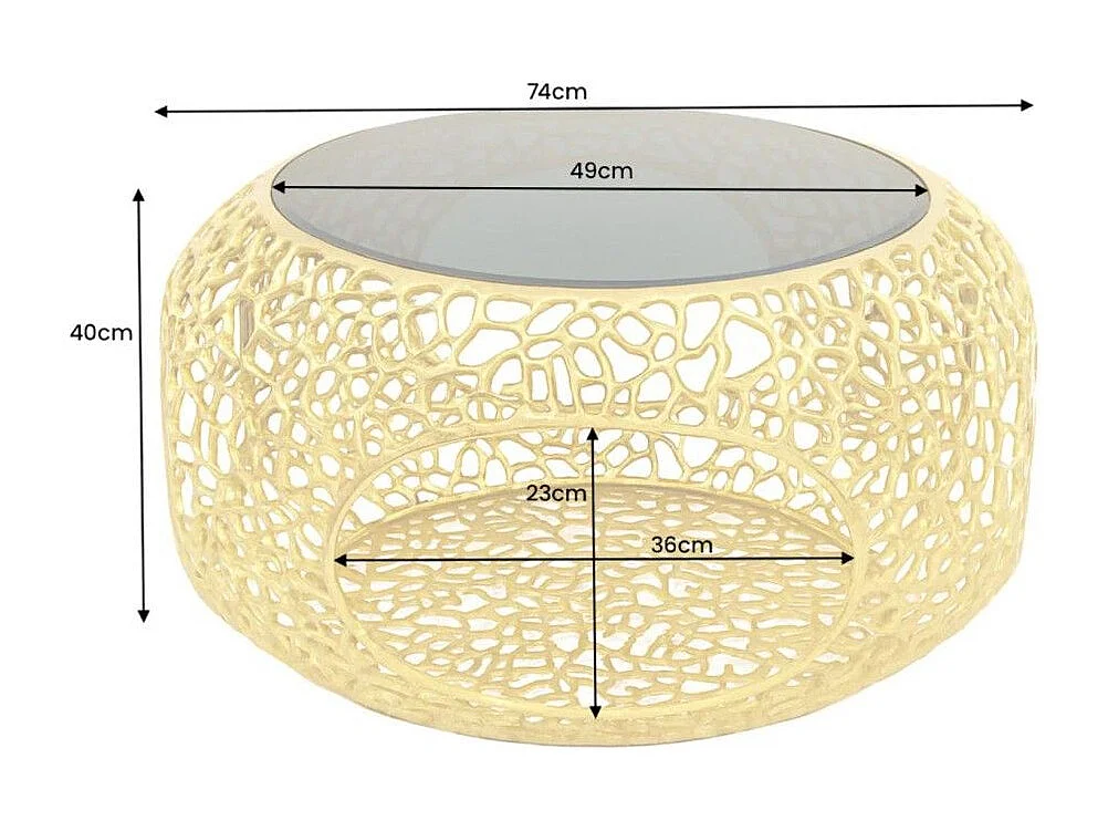 Table basse METRIX ronde 74 cm dorée avec plateau en verre trempé noir – Table basse design avec niche intégrée