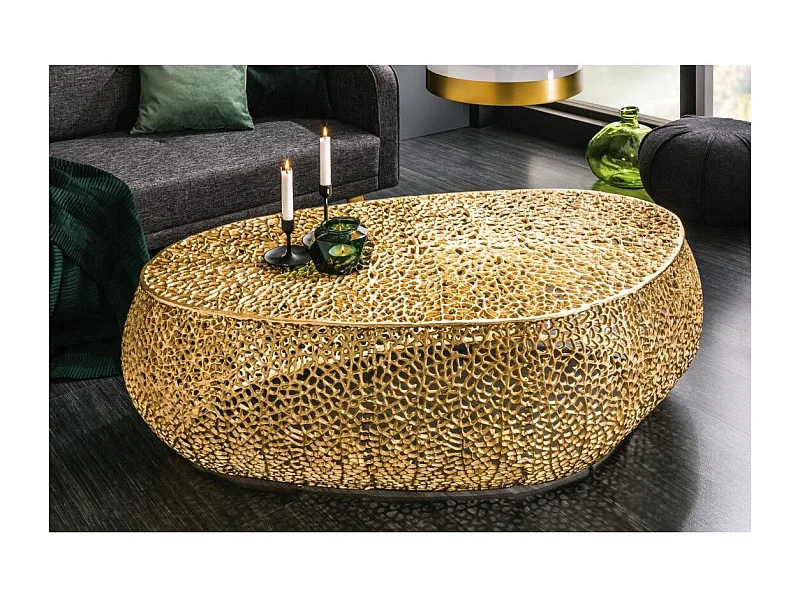 Table basse design METRIX 122x69 cm – Aluminium doré à motifs arrondis