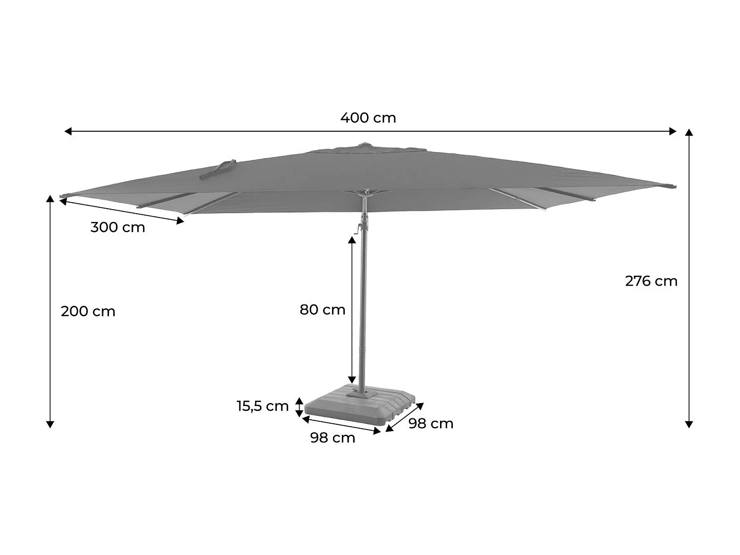 Parasol déporté rectangulaire 3x4m + housse et dalles à lester 98x98cm anthracite - Ombrea