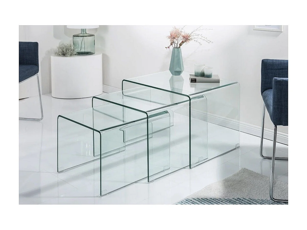 Tables basses empilables HOLOW – Lot de 3 tables basses design en verre trempé