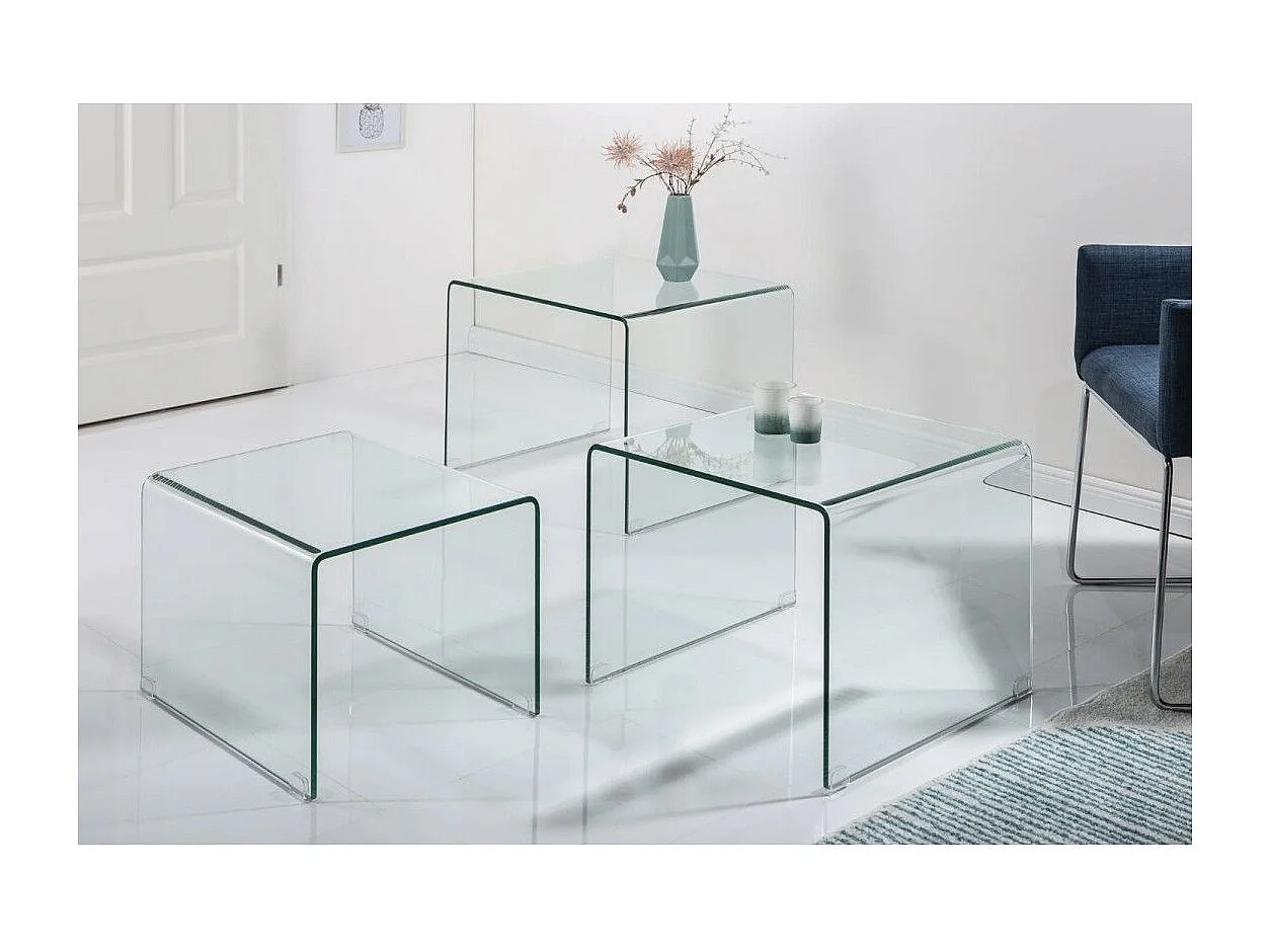 Tables basses empilables HOLOW – Lot de 3 tables basses design en verre trempé